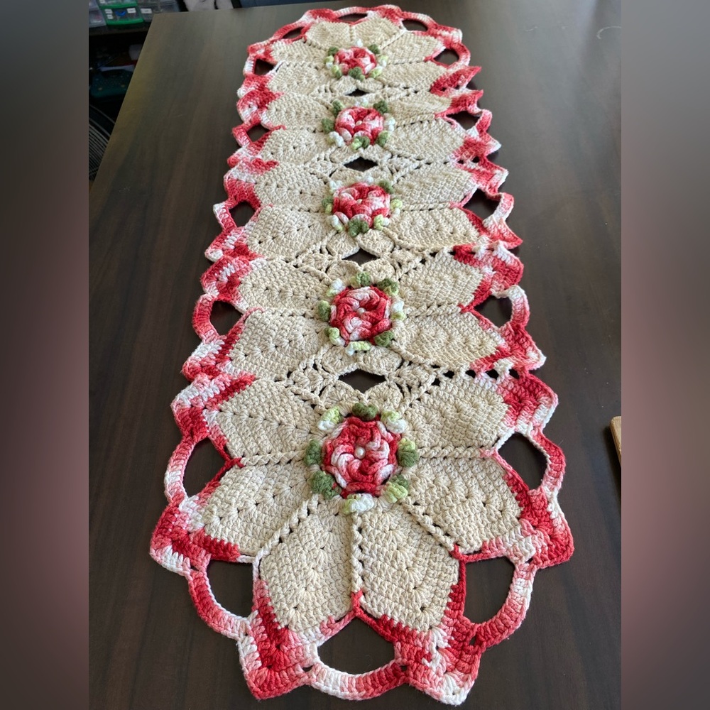 Handmade Crochet Table Runner with 3-D Floral Design